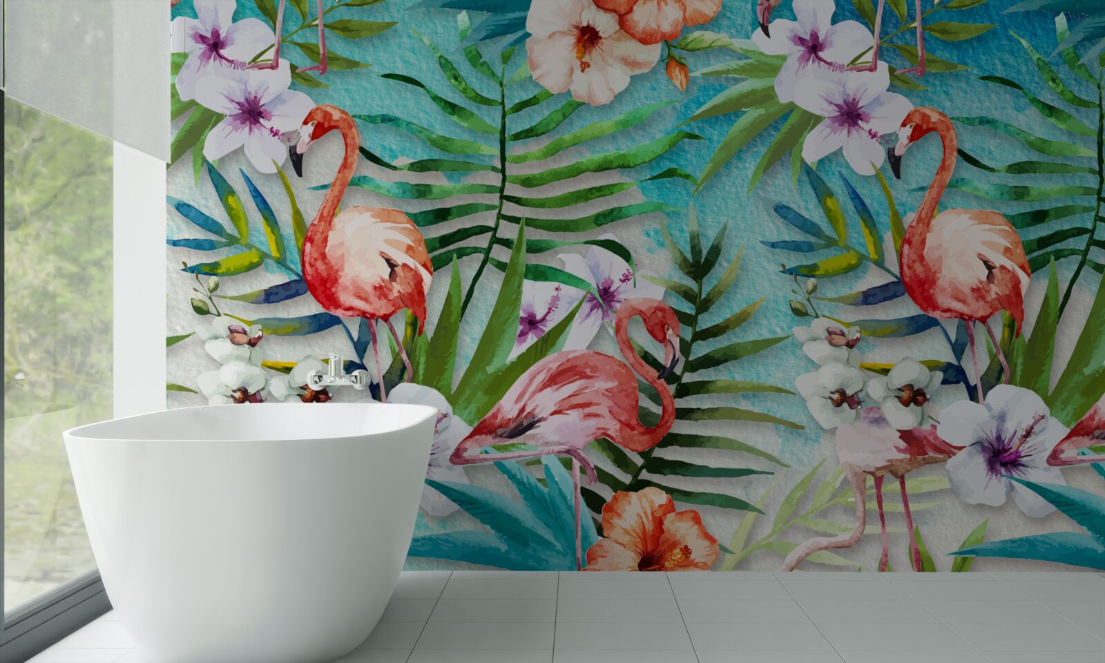 Fotobehang de bladeren zijn omringd door roze flamingo's