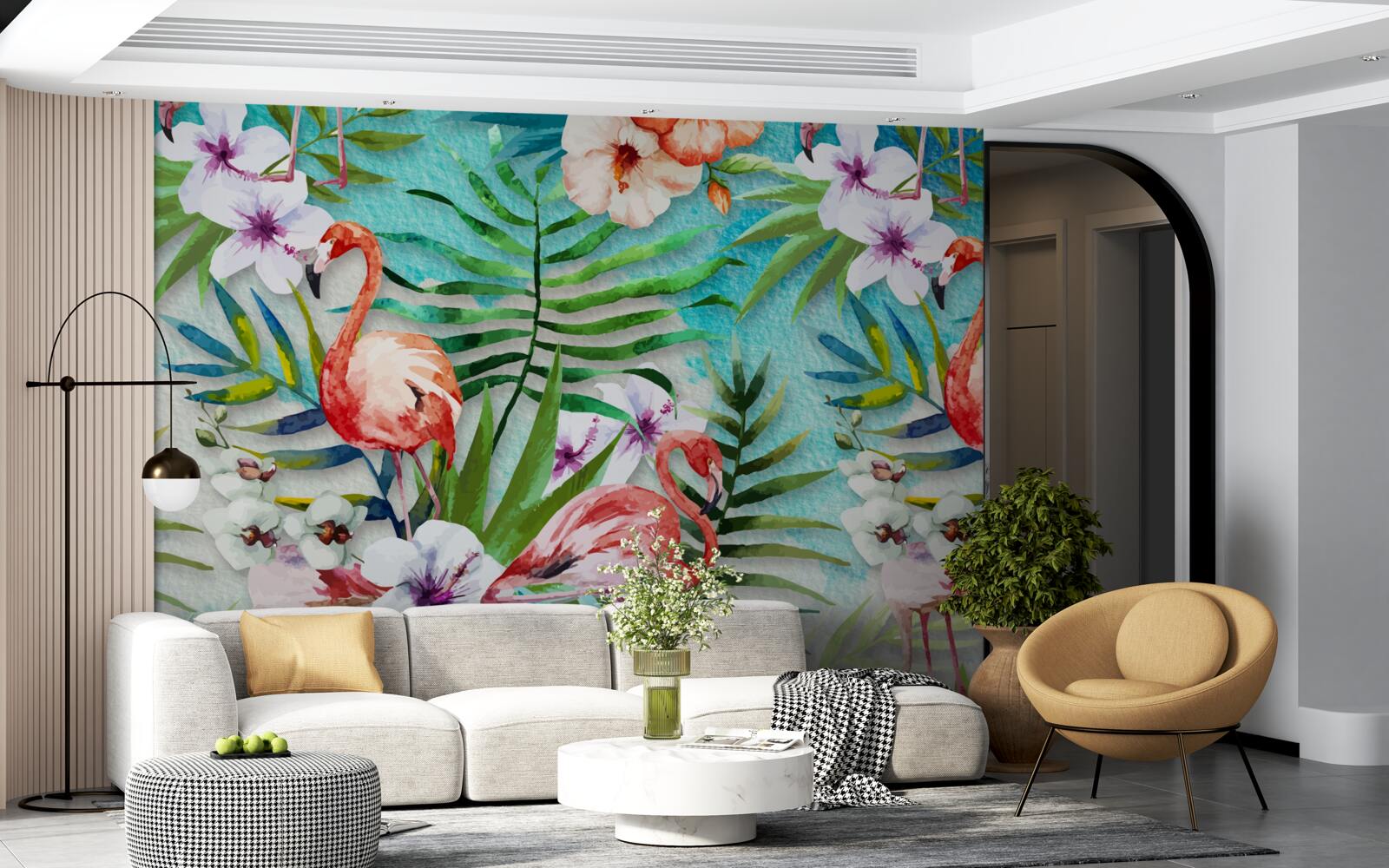 Fotobehang de bladeren zijn omringd door roze flamingo's