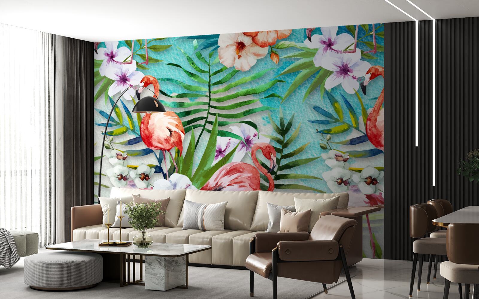 Fotobehang de bladeren zijn omringd door roze flamingo's