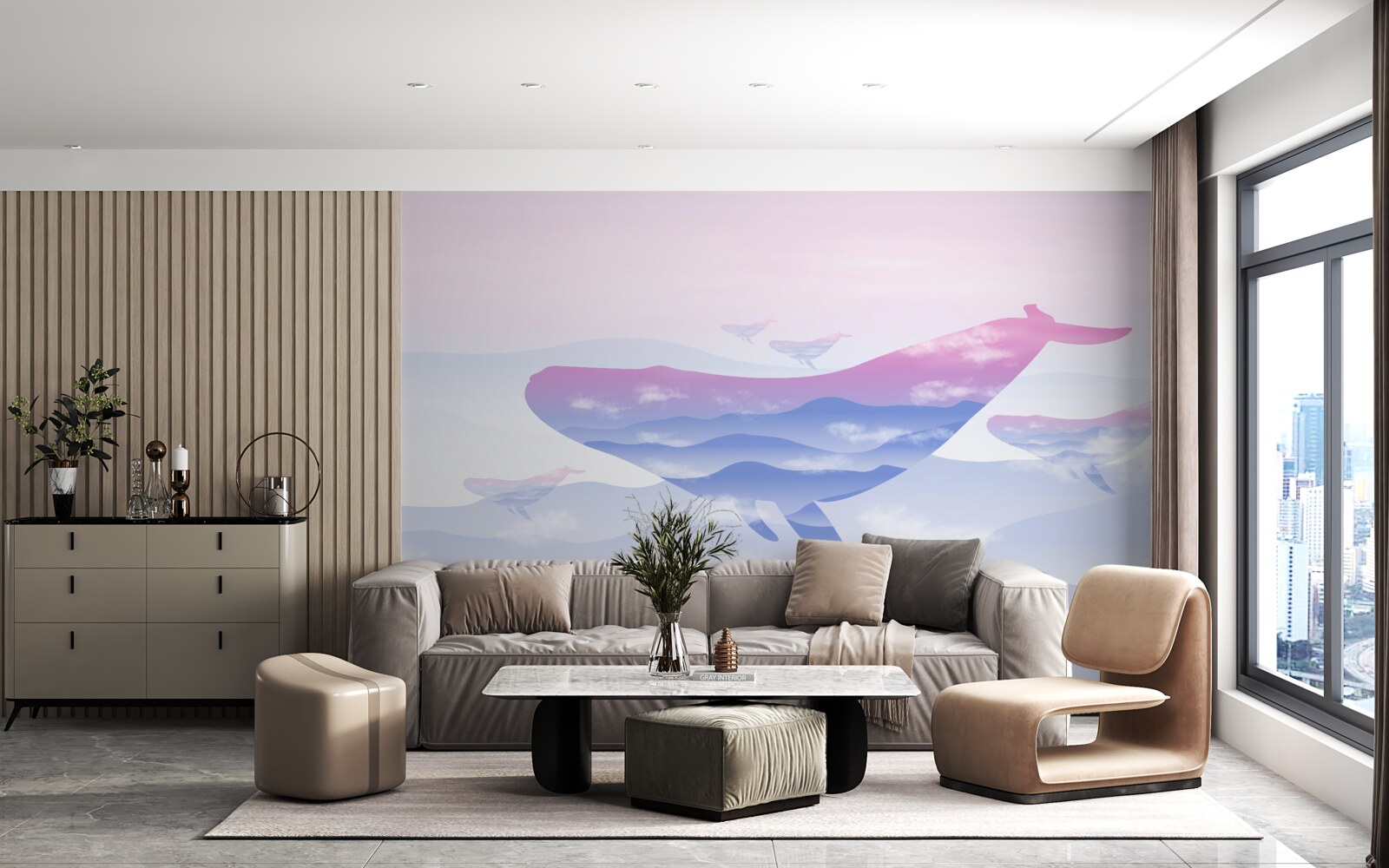 Fotobehang walvis glijdend tussen de wolken