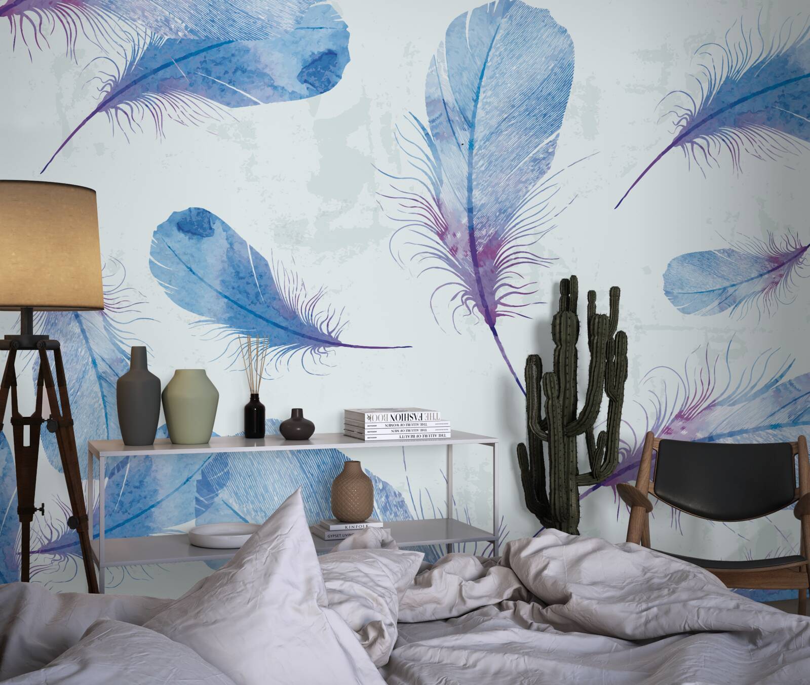 Fotobehang blauwe veren op een witte achtergrond