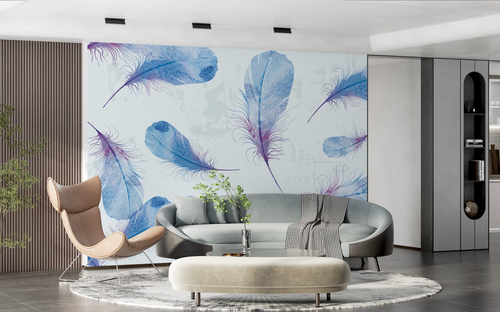 Fotobehang blauwe veren op een witte achtergrond