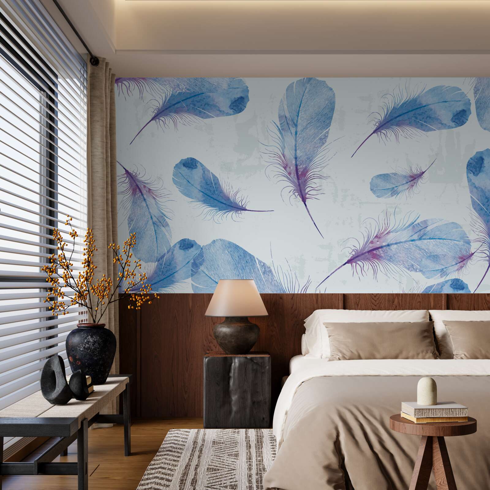 Fotobehang blauwe veren op een witte achtergrond