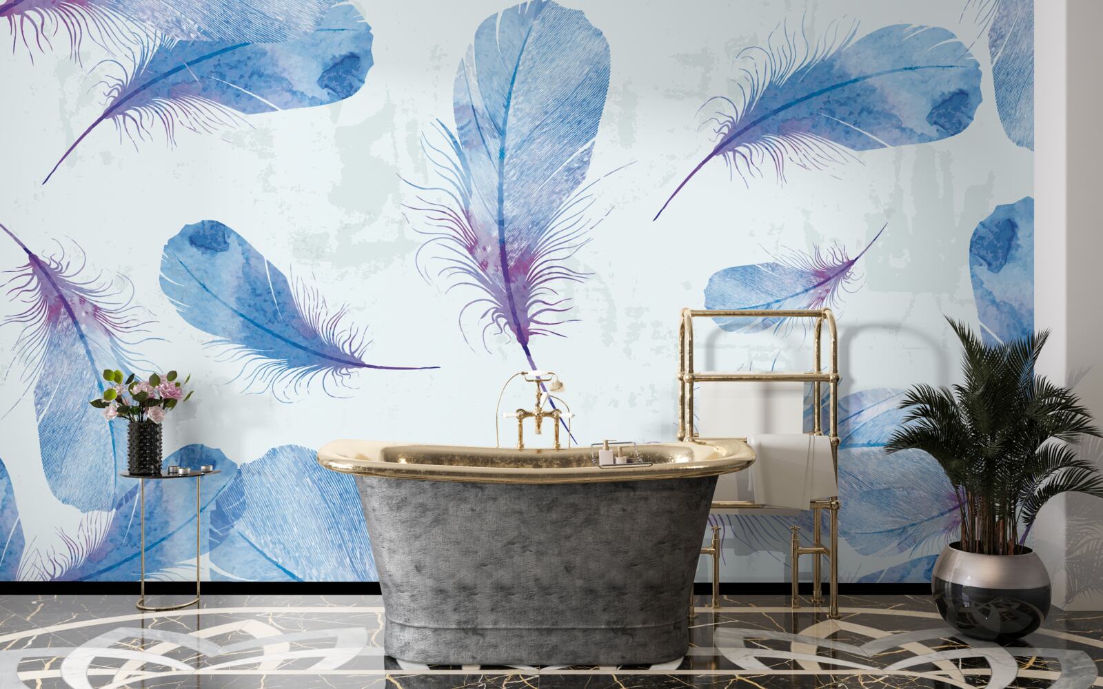 Fotobehang blauwe veren op een witte achtergrond