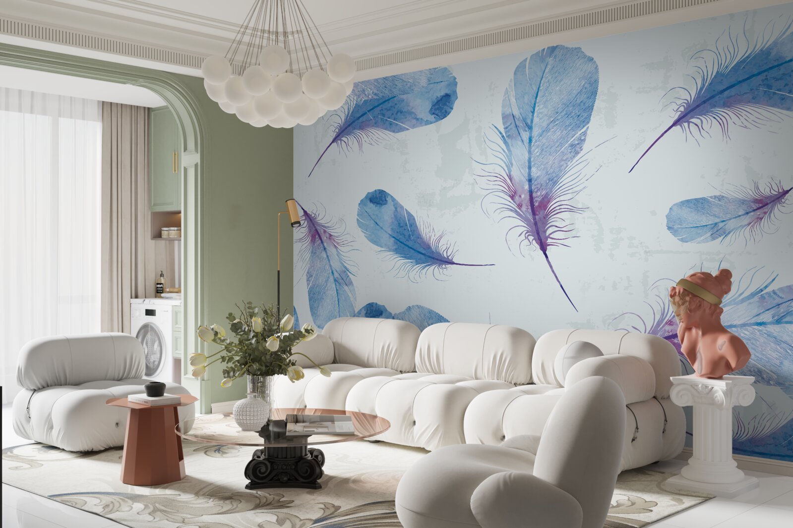 Fotobehang blauwe veren op een witte achtergrond