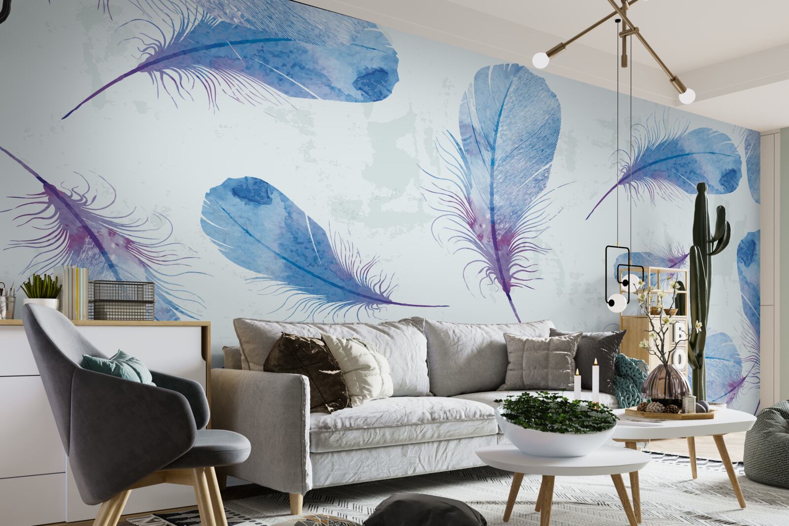 Fotobehang blauwe veren op een witte achtergrond