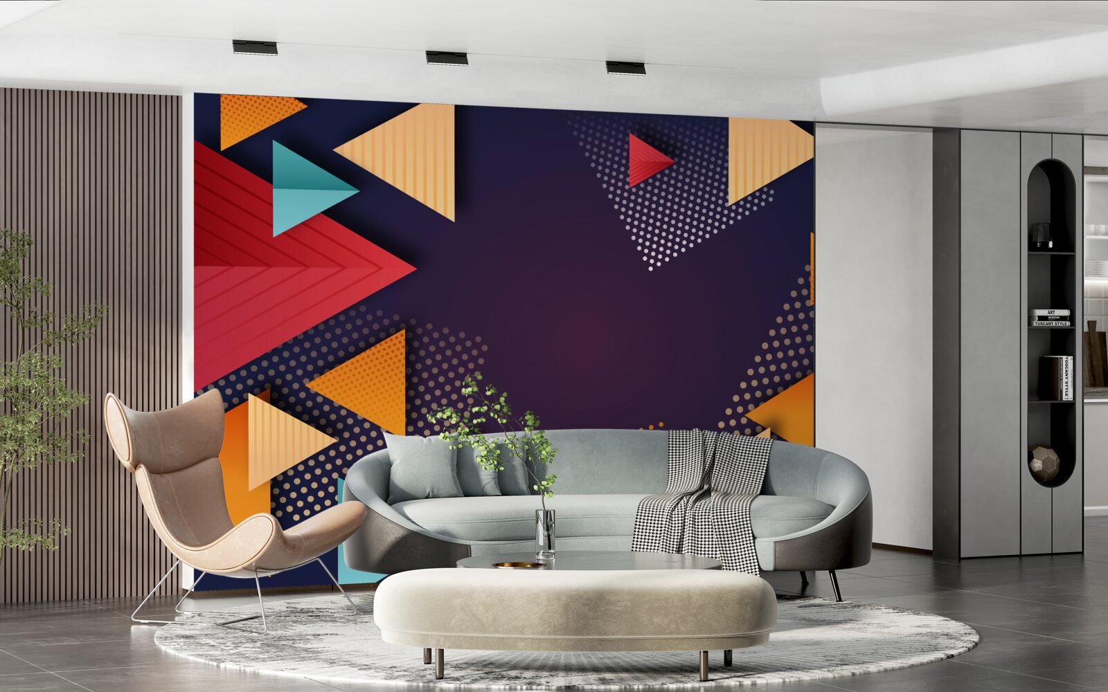 Fotobehang driehoeken in verschillende tinten op een paarse achtergrond