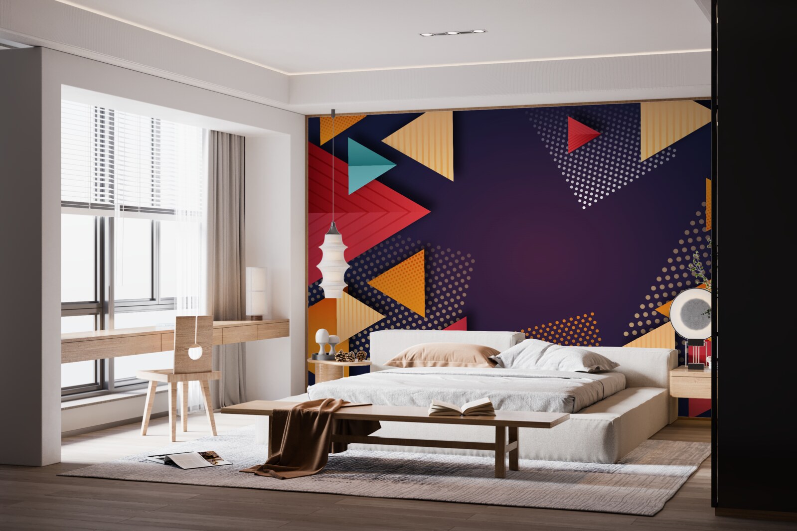 Fotobehang driehoeken in verschillende tinten op een paarse achtergrond