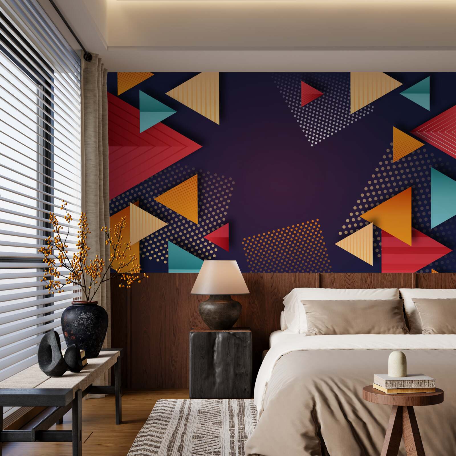 Fotobehang driehoeken in verschillende tinten op een paarse achtergrond