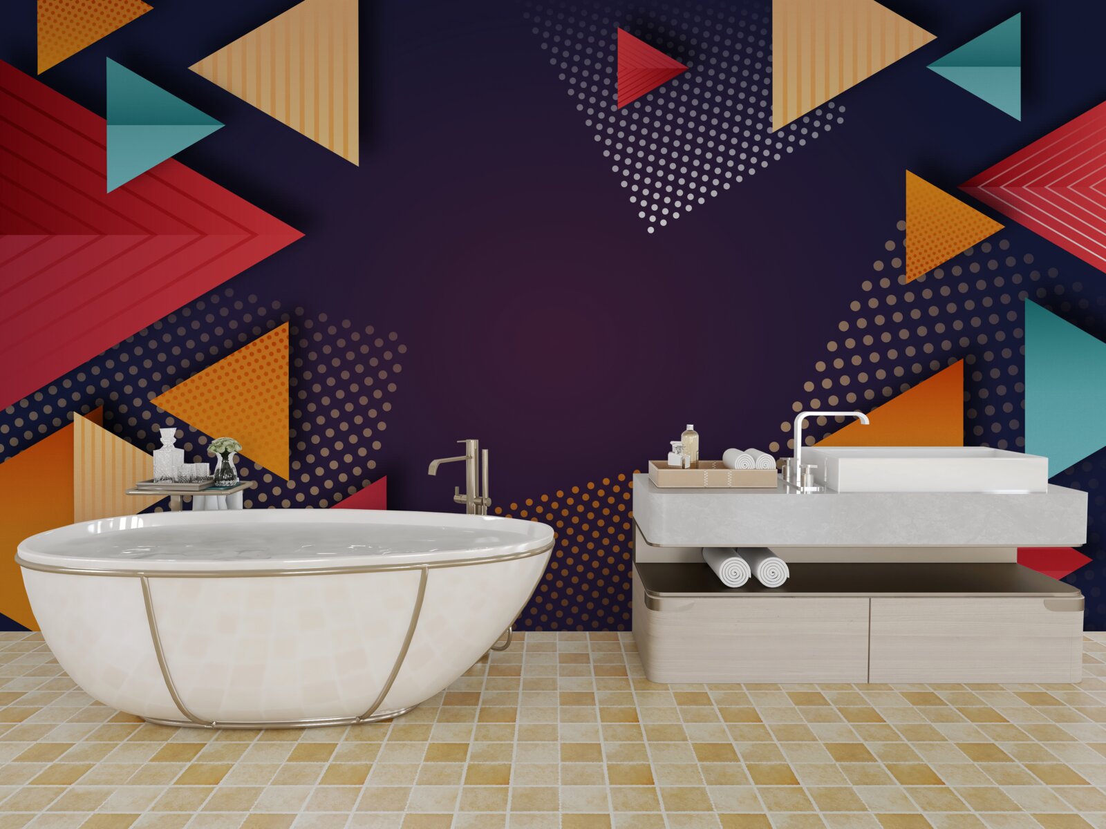 Fotobehang driehoeken in verschillende tinten op een paarse achtergrond