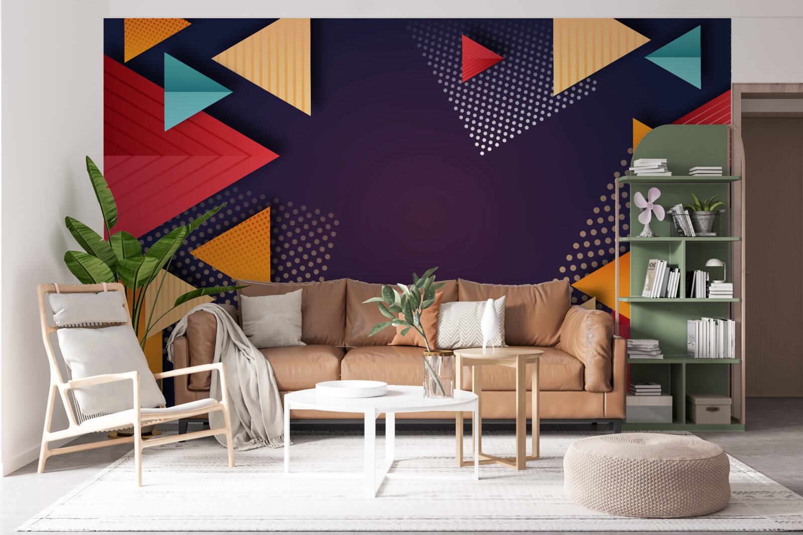 Fotobehang driehoeken in verschillende tinten op een paarse achtergrond