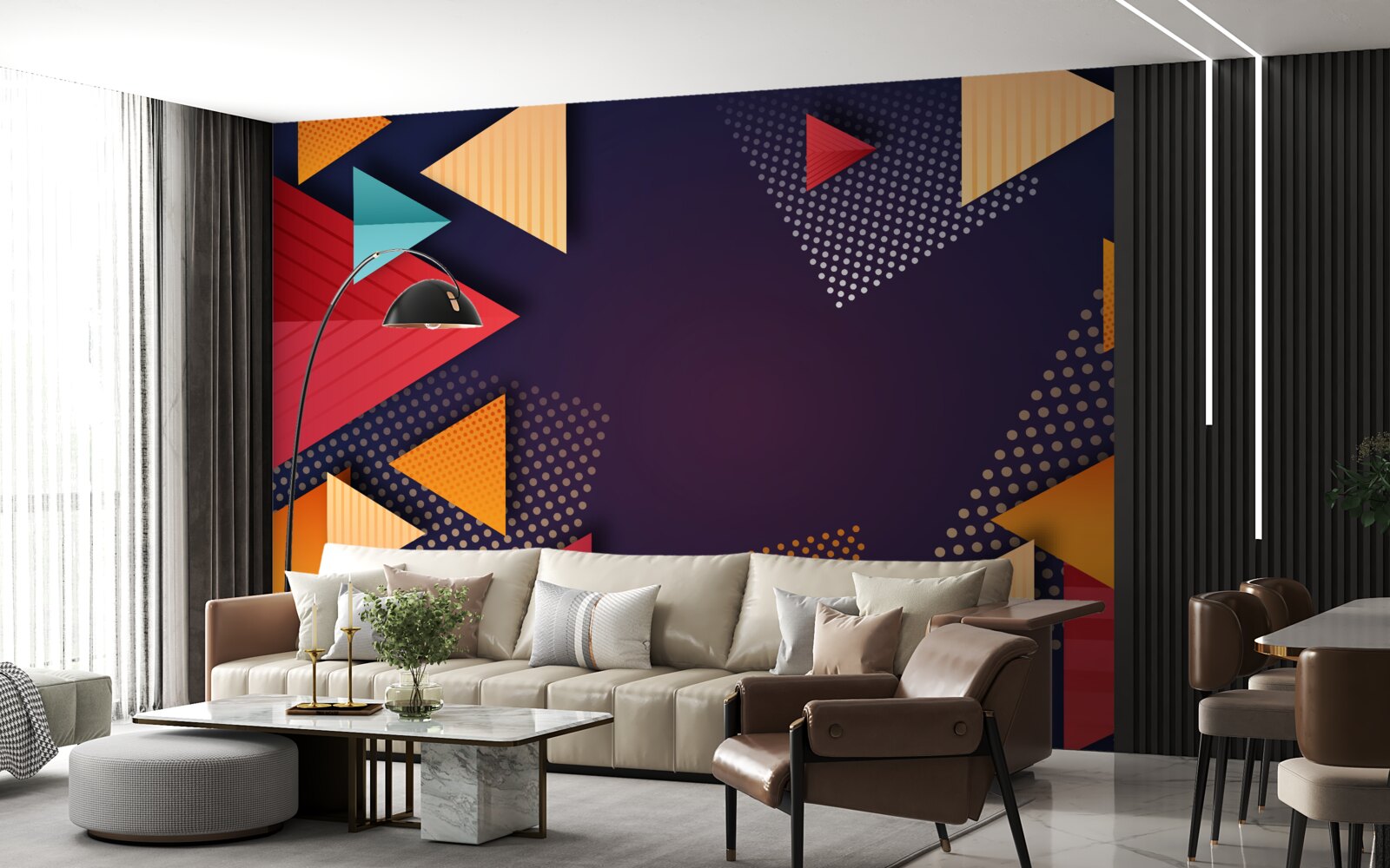 Fotobehang driehoeken in verschillende tinten op een paarse achtergrond