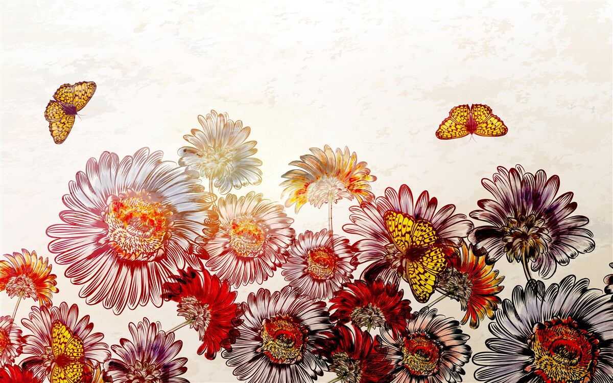 Fotobehang heldere bloemen trekken zwevende vlinders aan