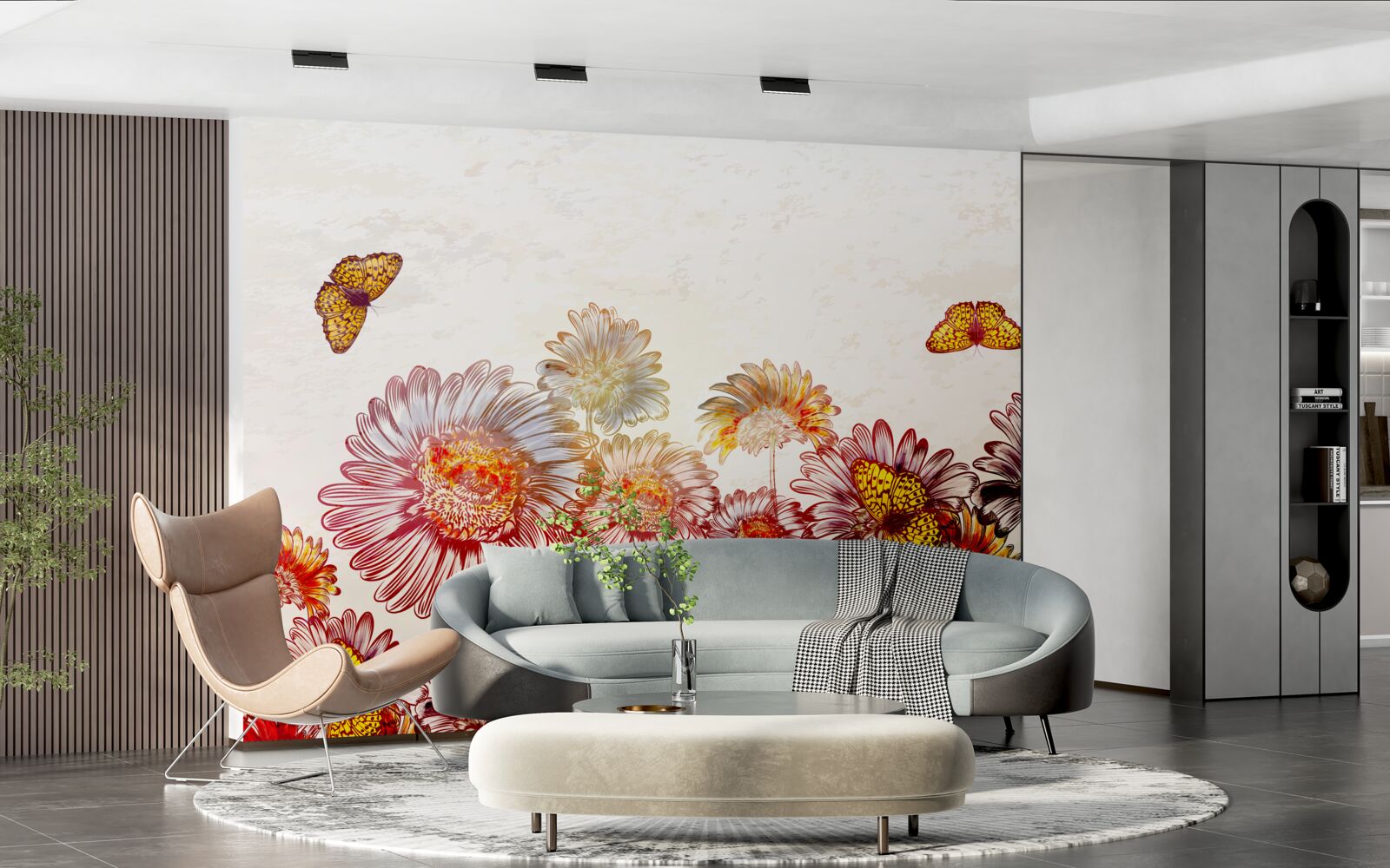 Fotobehang heldere bloemen trekken zwevende vlinders aan