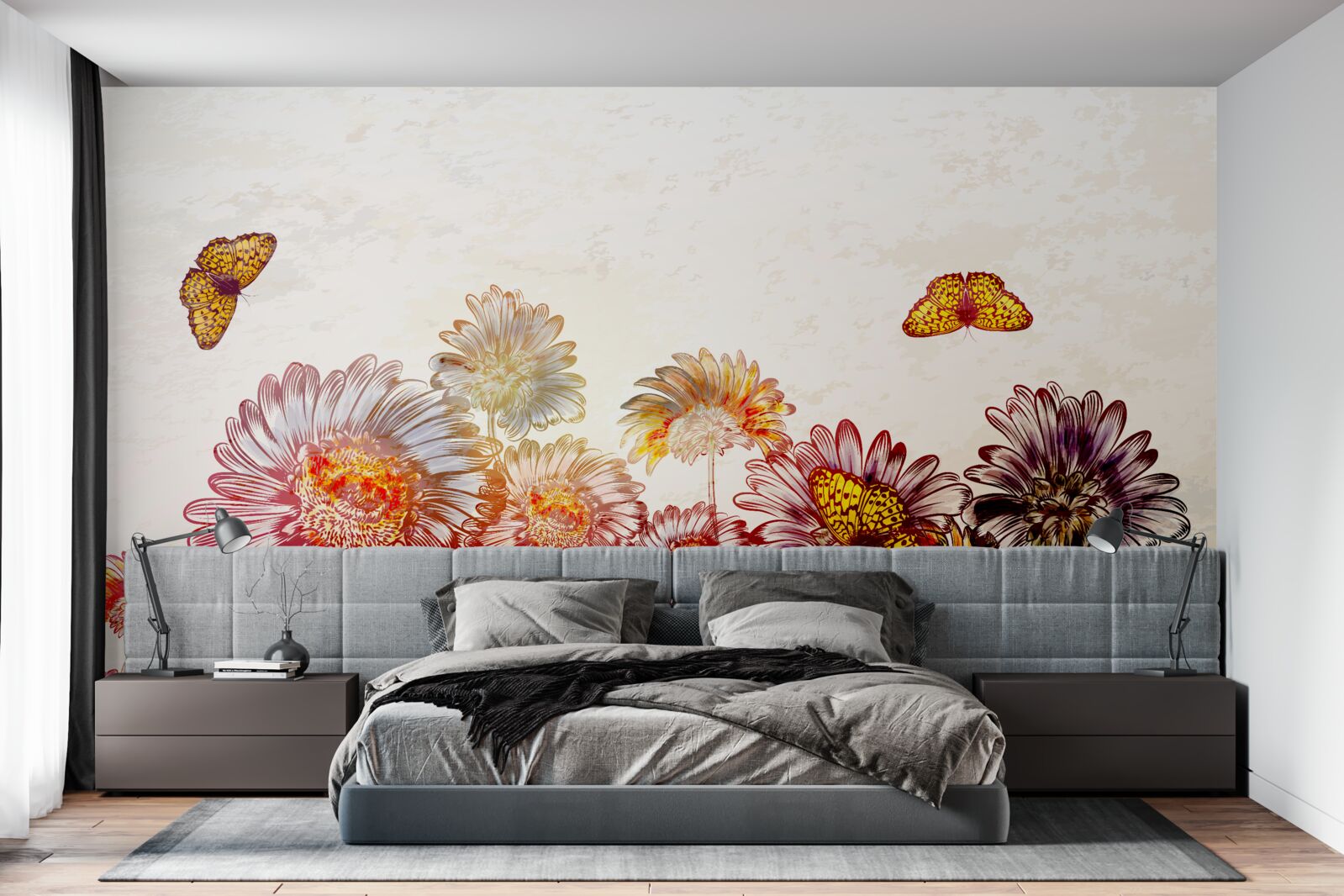 Fotobehang heldere bloemen trekken zwevende vlinders aan