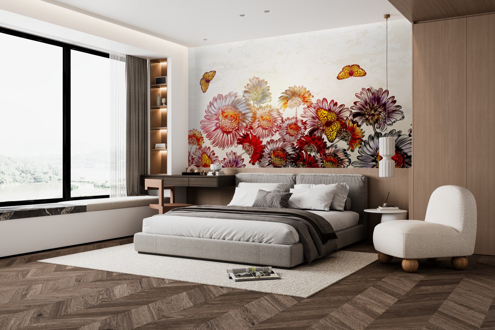 Fotobehang heldere bloemen trekken zwevende vlinders aan