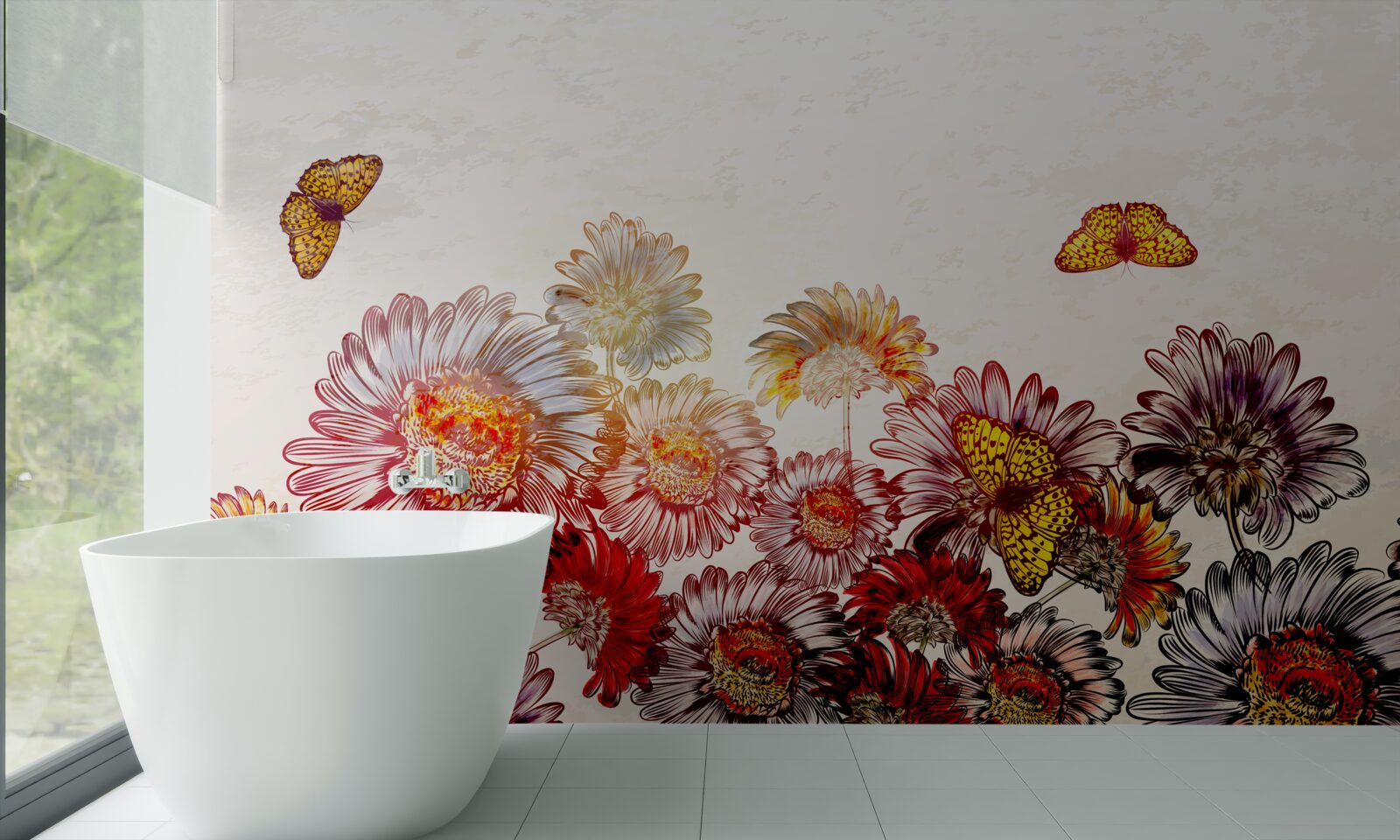 Fotobehang heldere bloemen trekken zwevende vlinders aan