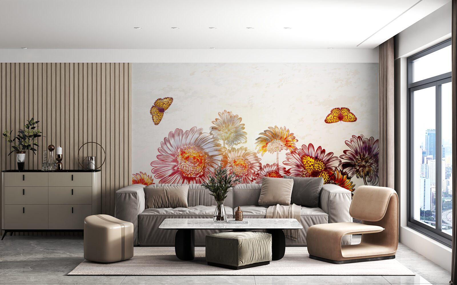 Fotobehang heldere bloemen trekken zwevende vlinders aan