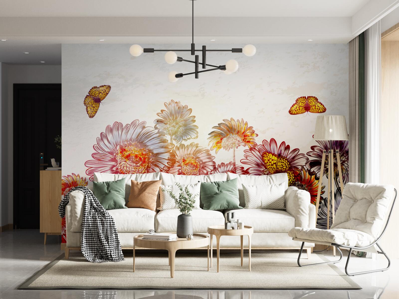 Fotobehang heldere bloemen trekken zwevende vlinders aan