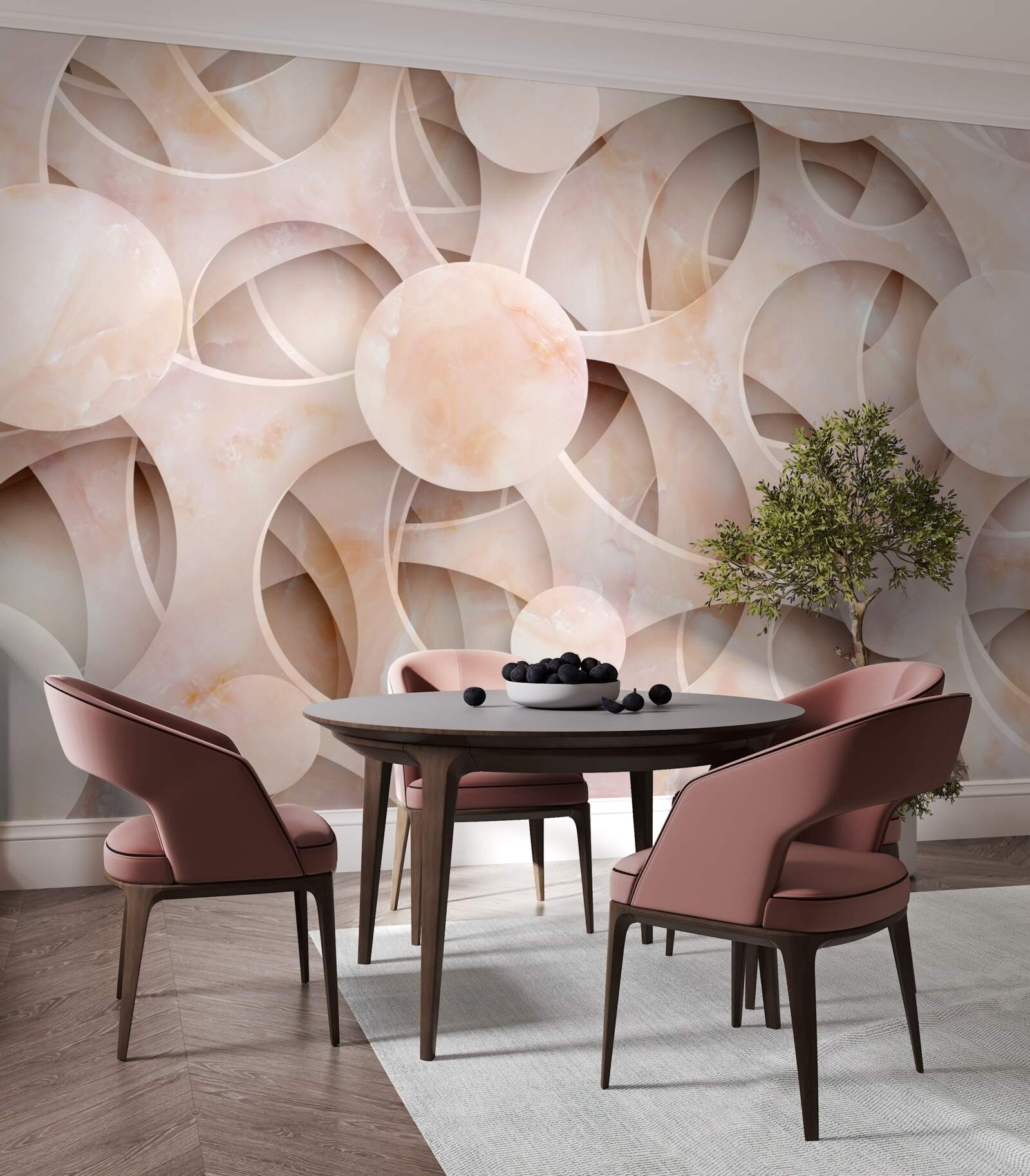 Fotobehang ronde vormen en gebogen lijnen op een roze achtergrond