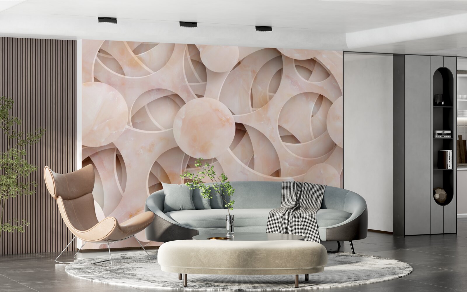 Fotobehang ronde vormen en gebogen lijnen op een roze achtergrond