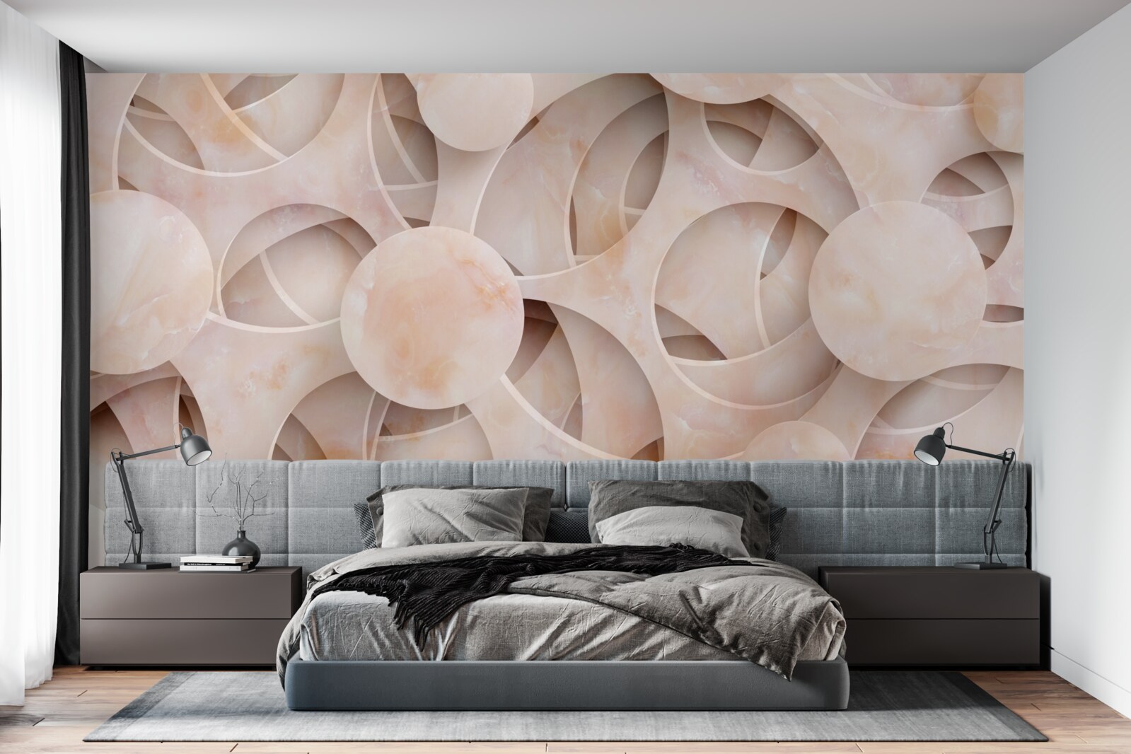 Fotobehang ronde vormen en gebogen lijnen op een roze achtergrond