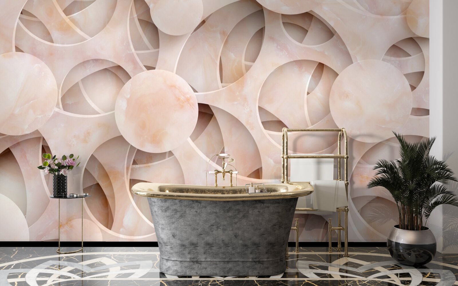 Fotobehang ronde vormen en gebogen lijnen op een roze achtergrond