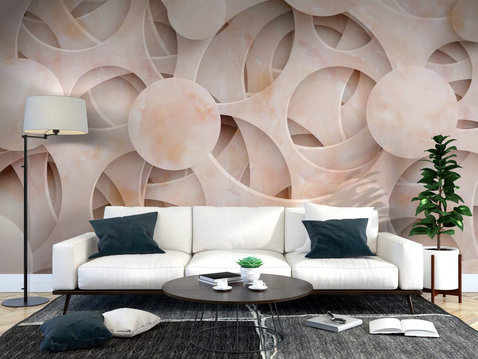 Fotobehang ronde vormen en gebogen lijnen op een roze achtergrond