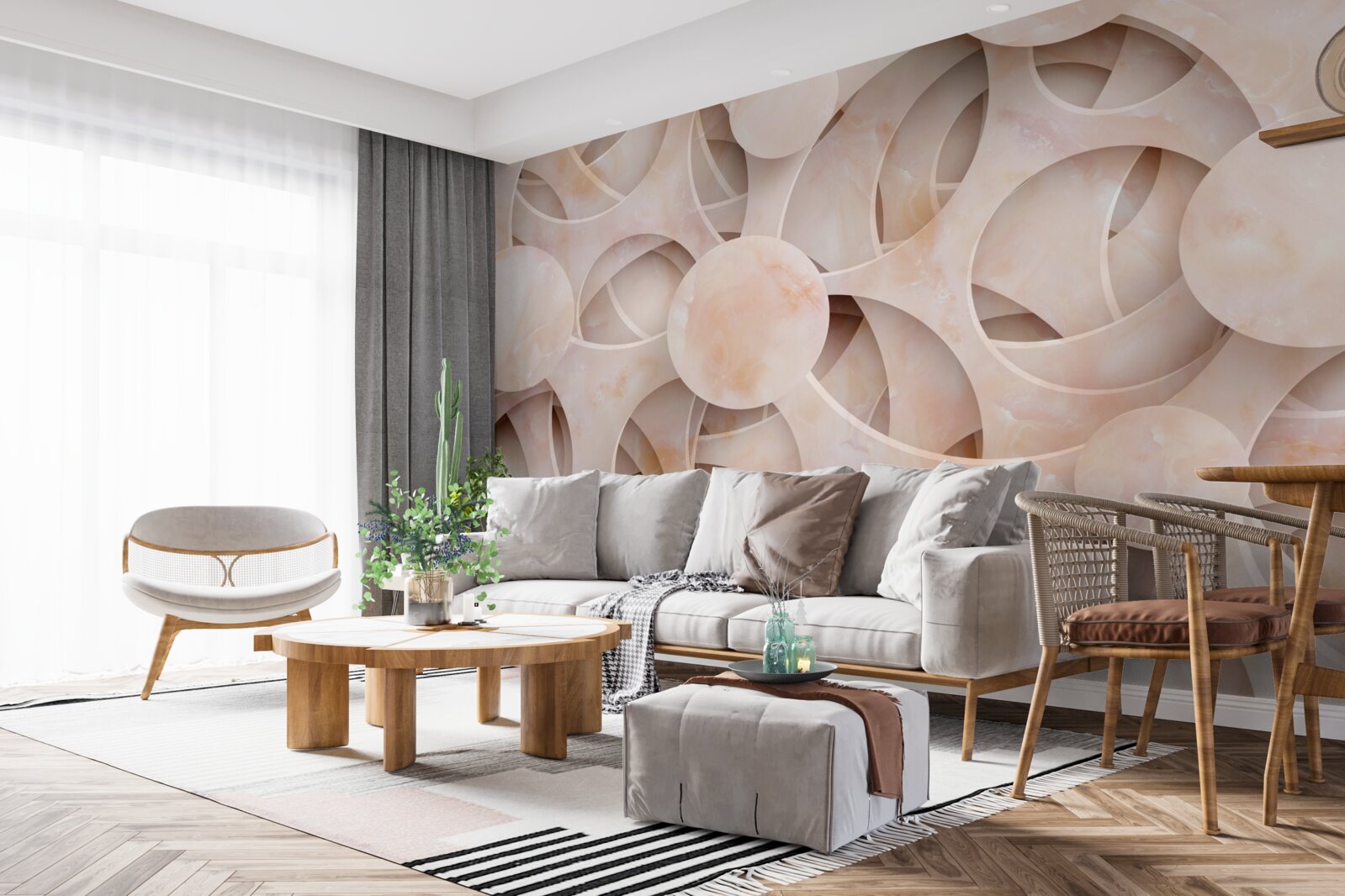 Fotobehang ronde vormen en gebogen lijnen op een roze achtergrond