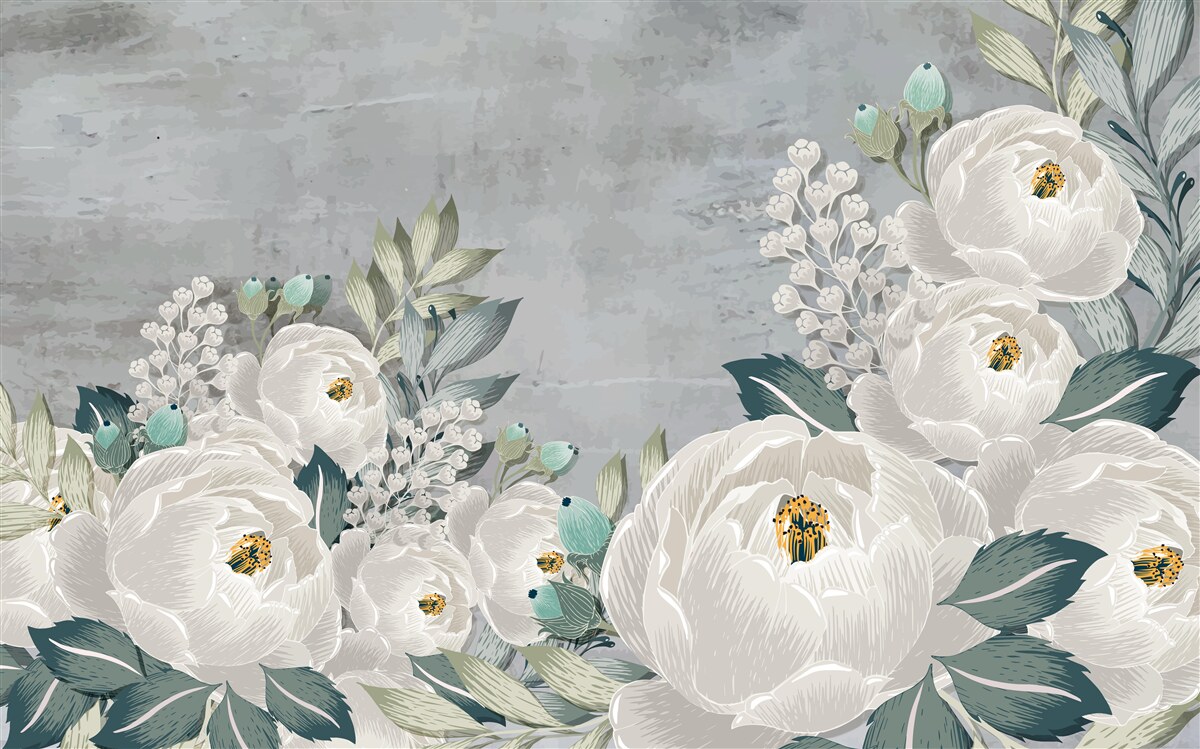 Fotobehang witte pioenrozen om middernacht