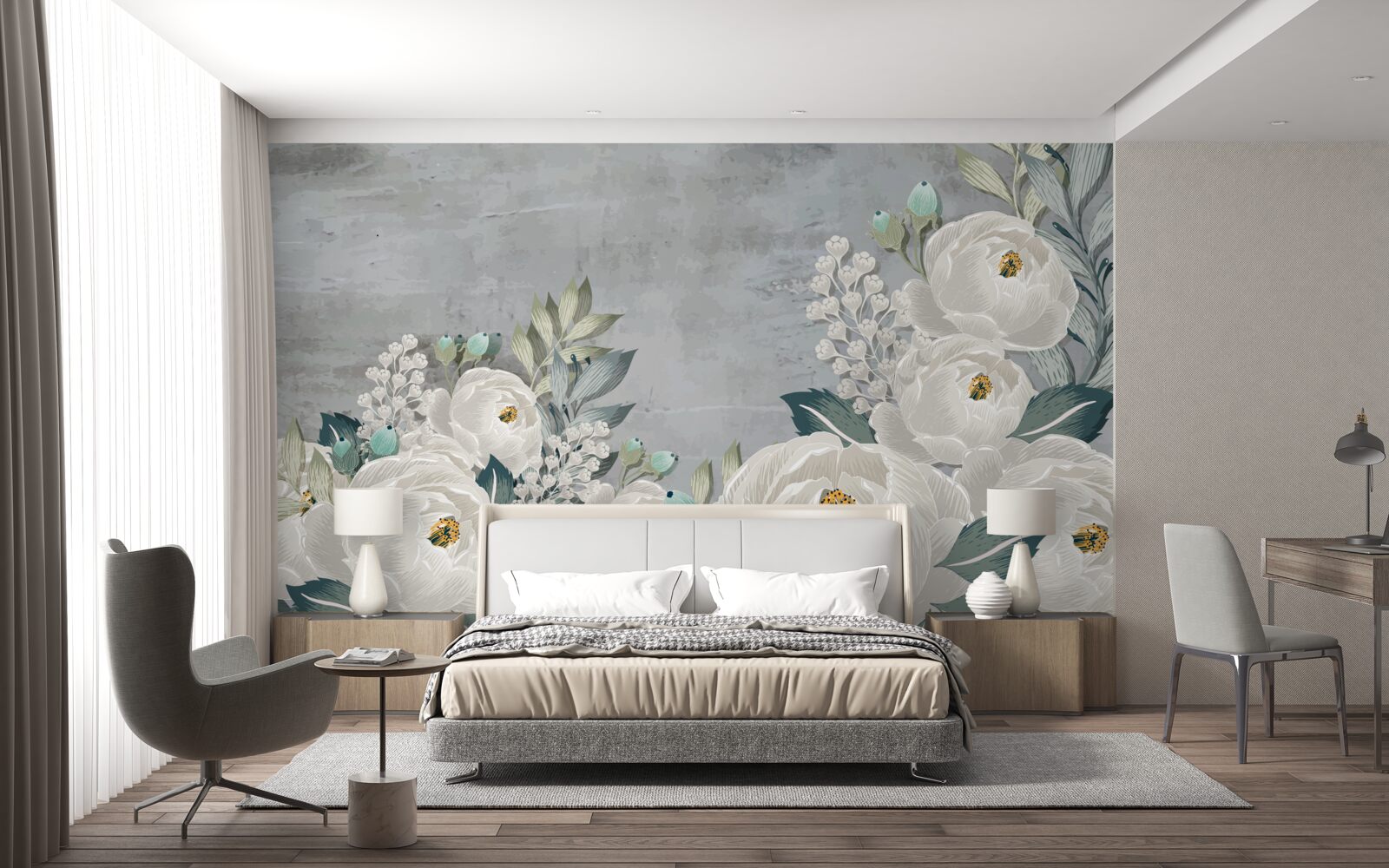 Fotobehang witte pioenrozen om middernacht