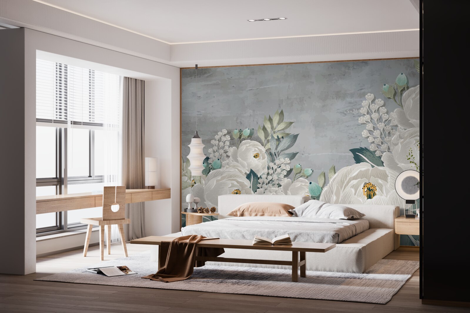 Fotobehang witte pioenrozen om middernacht