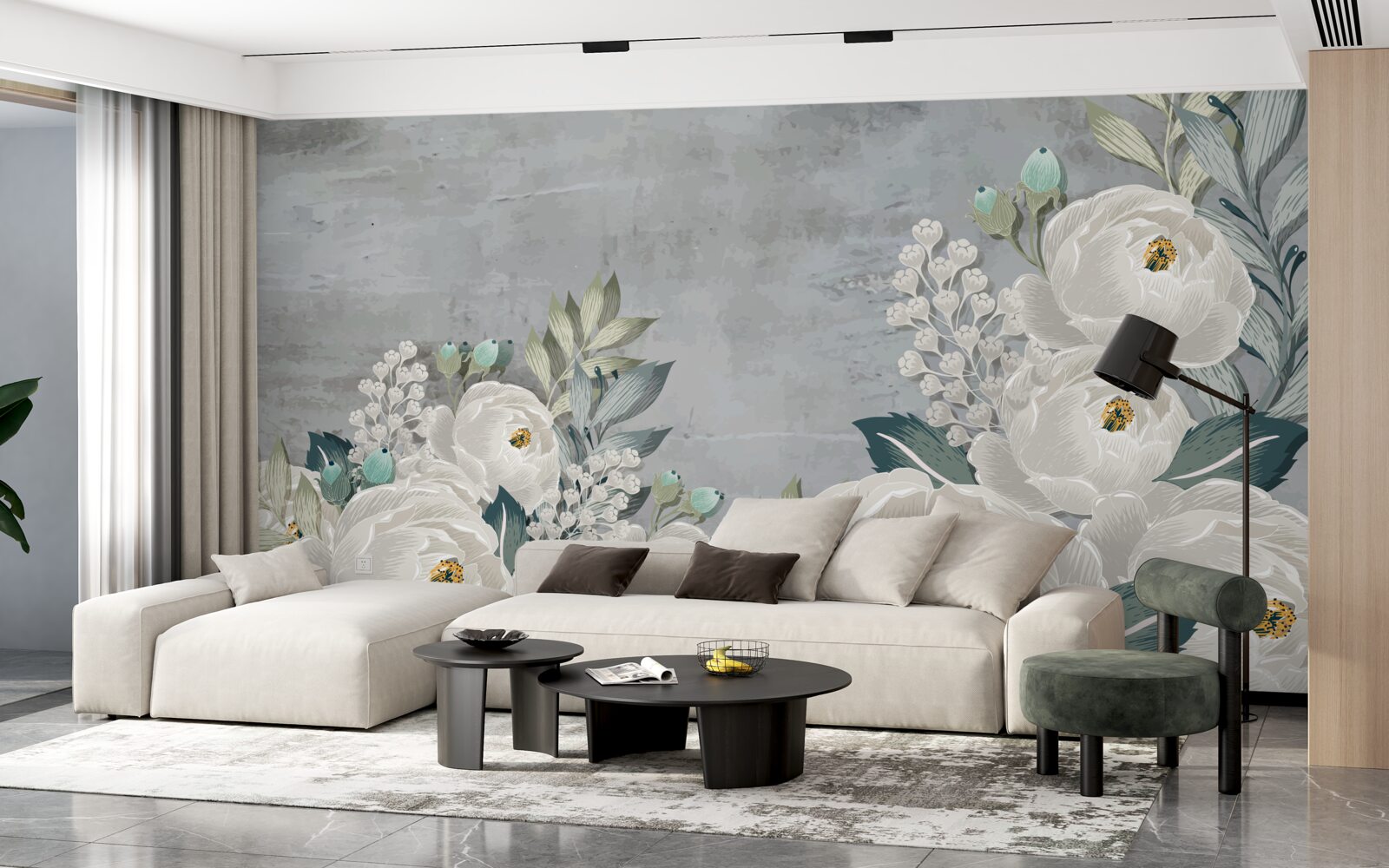 Fotobehang witte pioenrozen om middernacht