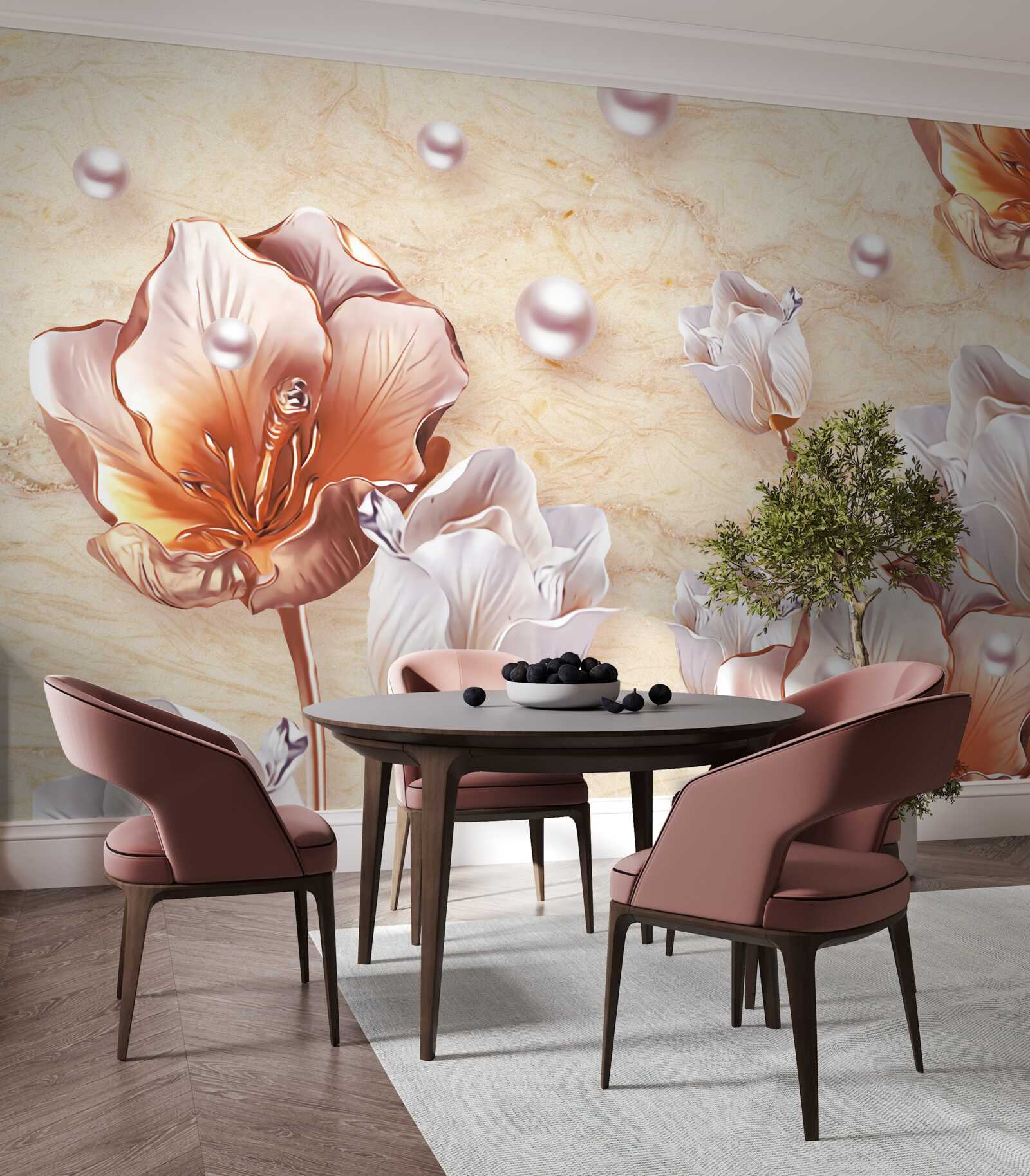 Fotobehang Fonkelende zirkonia's, heldere kralen en prachtige bloemen