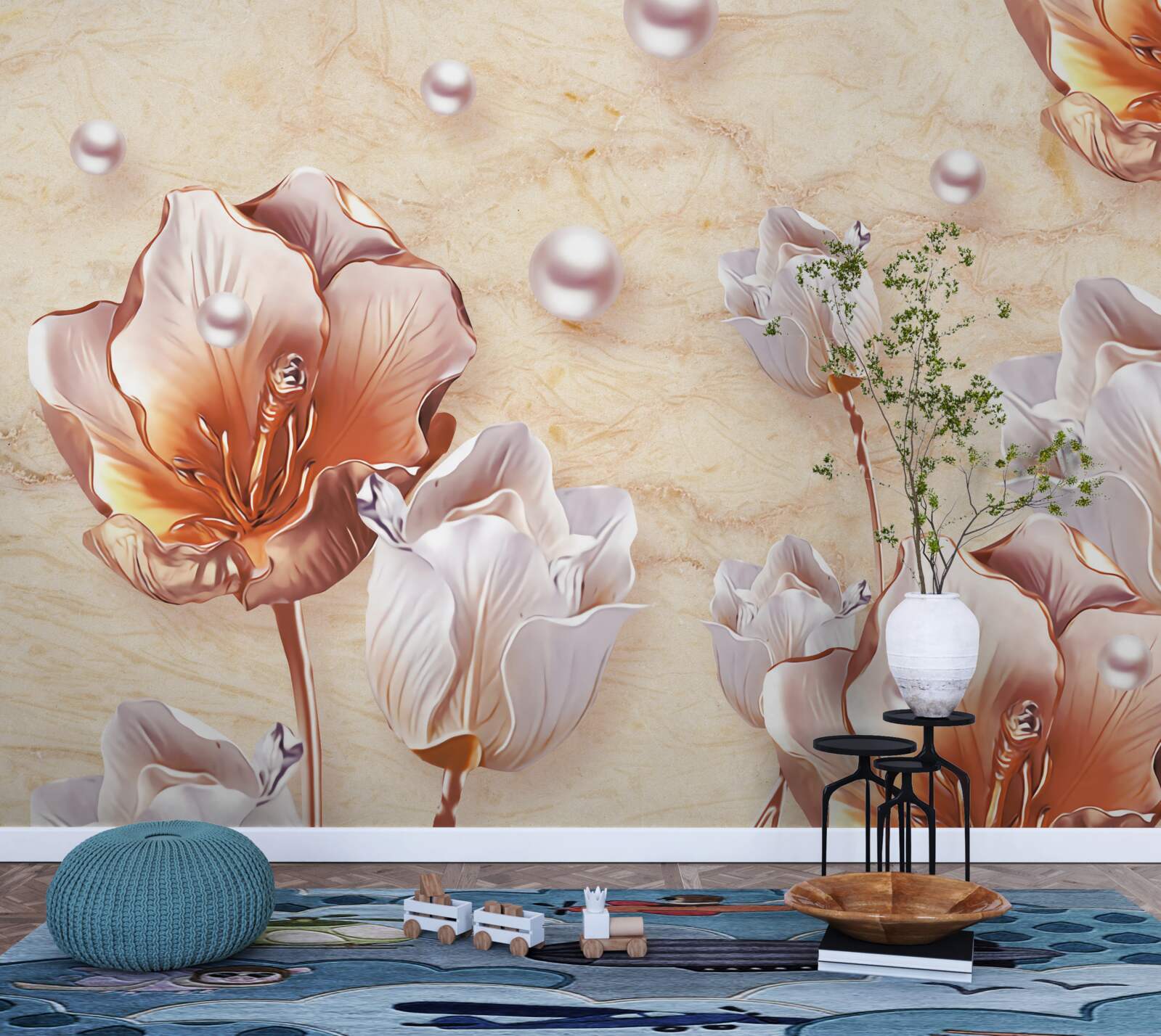 Fotobehang Fonkelende zirkonia's, heldere kralen en prachtige bloemen