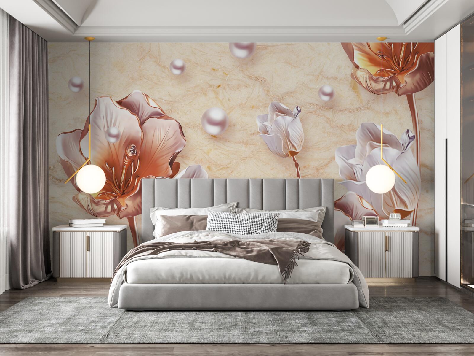 Fotobehang Fonkelende zirkonia's, heldere kralen en prachtige bloemen