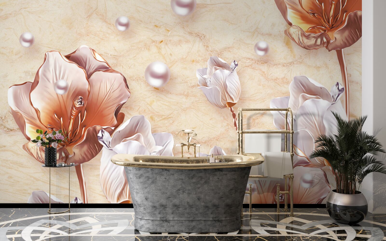 Fotobehang Fonkelende zirkonia's, heldere kralen en prachtige bloemen