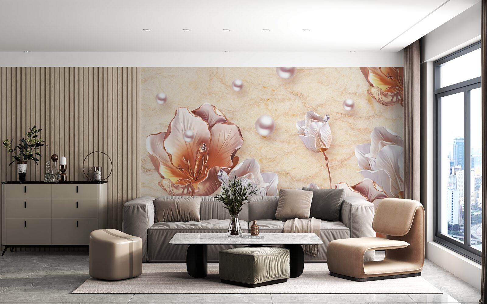 Fotobehang Fonkelende zirkonia's, heldere kralen en prachtige bloemen