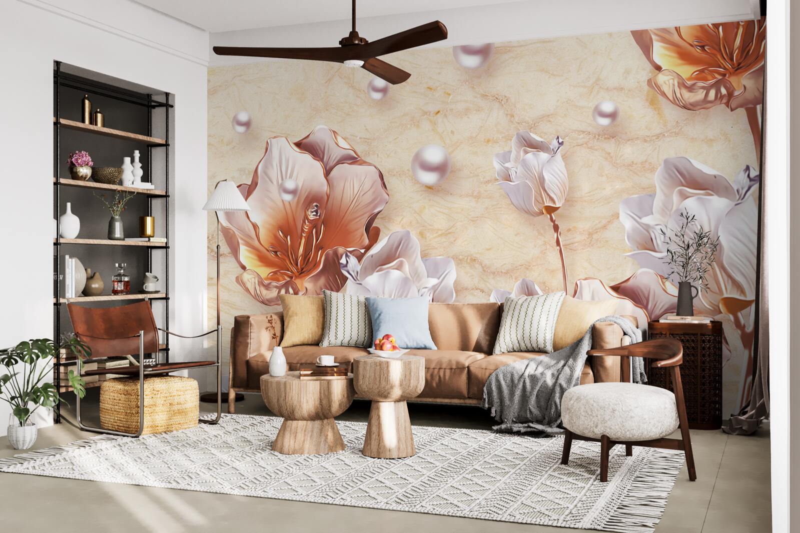 Fotobehang Fonkelende zirkonia's, heldere kralen en prachtige bloemen