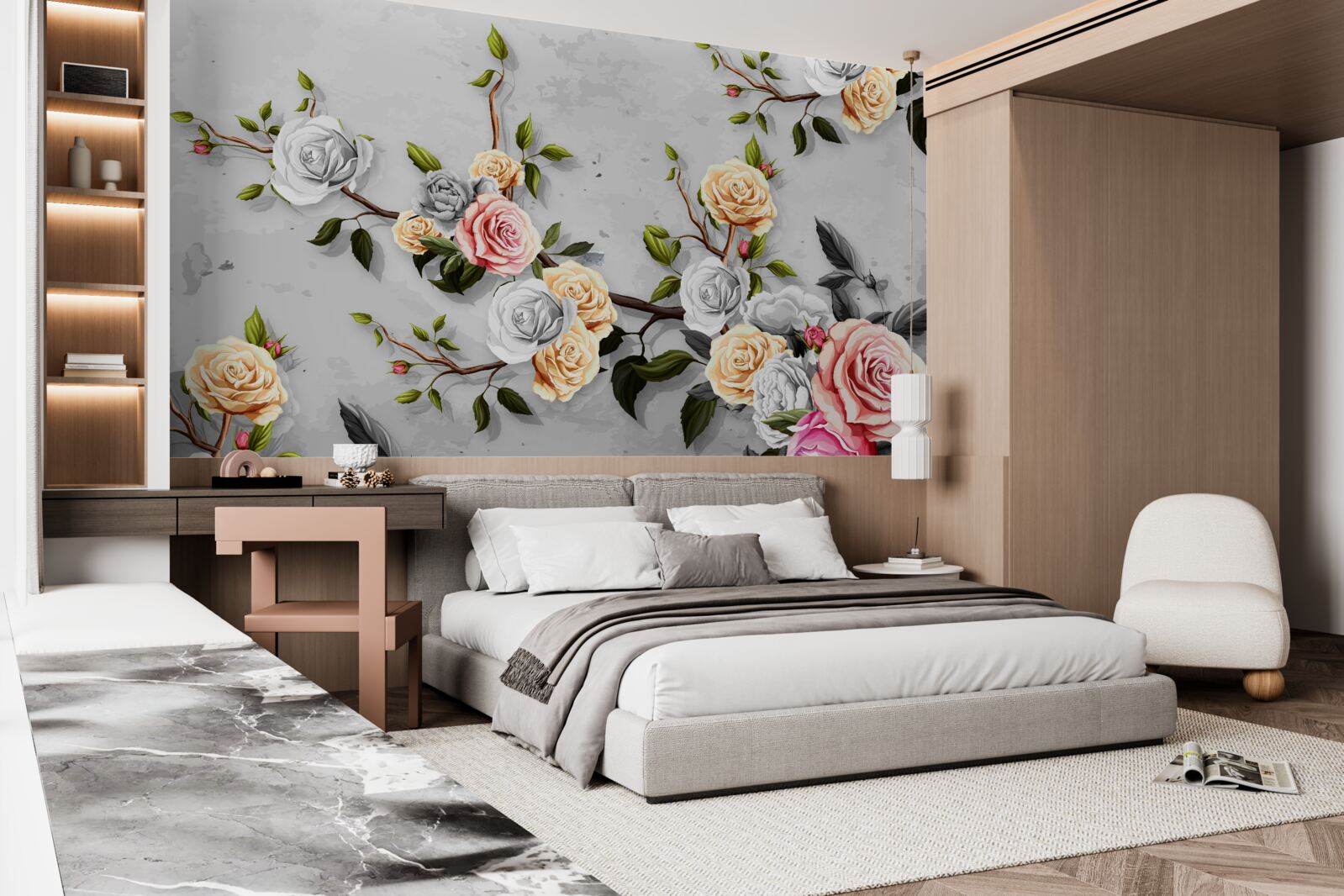 Fotobehang roze takken in vintage stijl