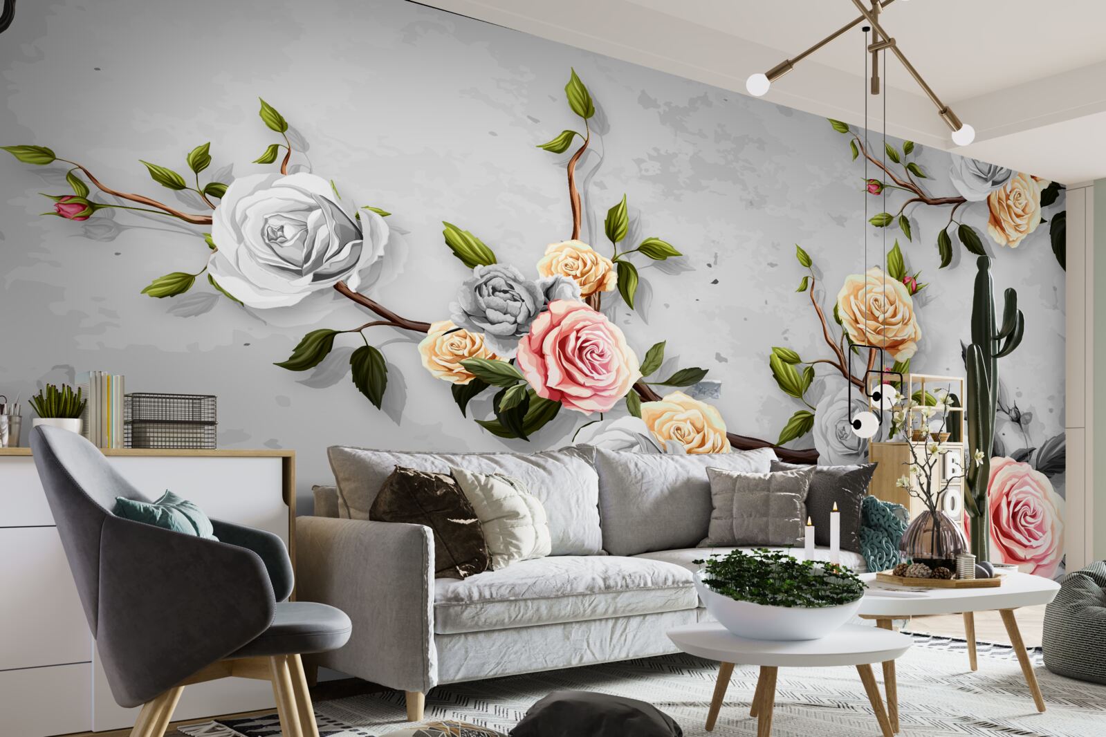 Fotobehang roze takken in vintage stijl