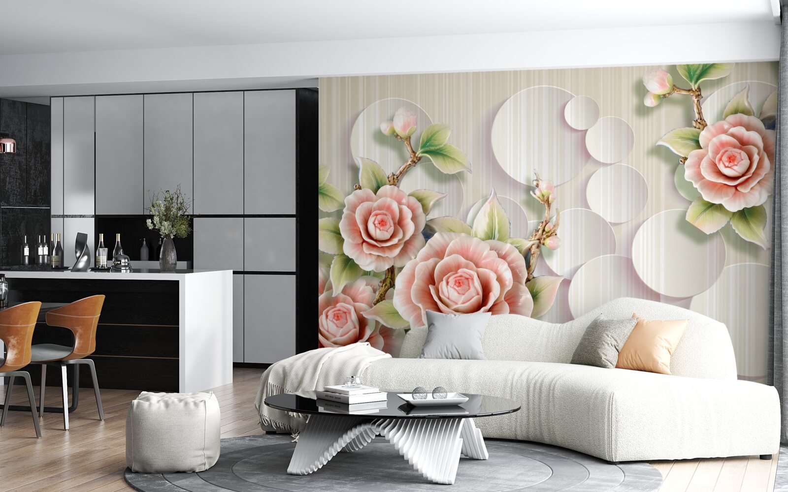 Fotobehang heldere achtergrond versierd met een delicate theekleurige roos