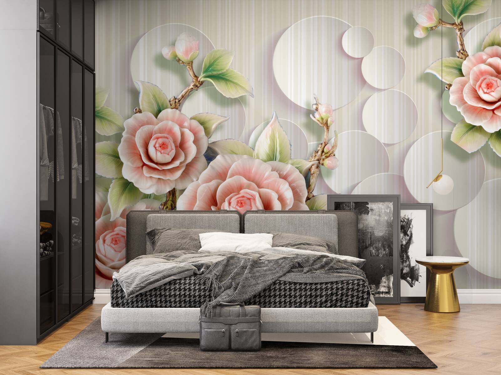 Fotobehang heldere achtergrond versierd met een delicate theekleurige roos