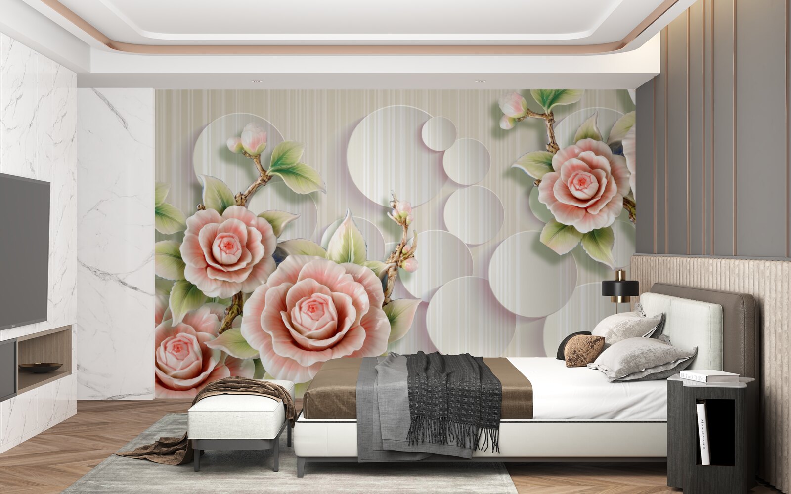 Fotobehang heldere achtergrond versierd met een delicate theekleurige roos