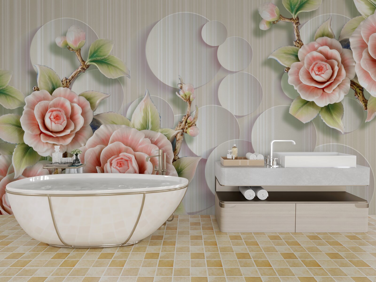 Fotobehang heldere achtergrond versierd met een delicate theekleurige roos