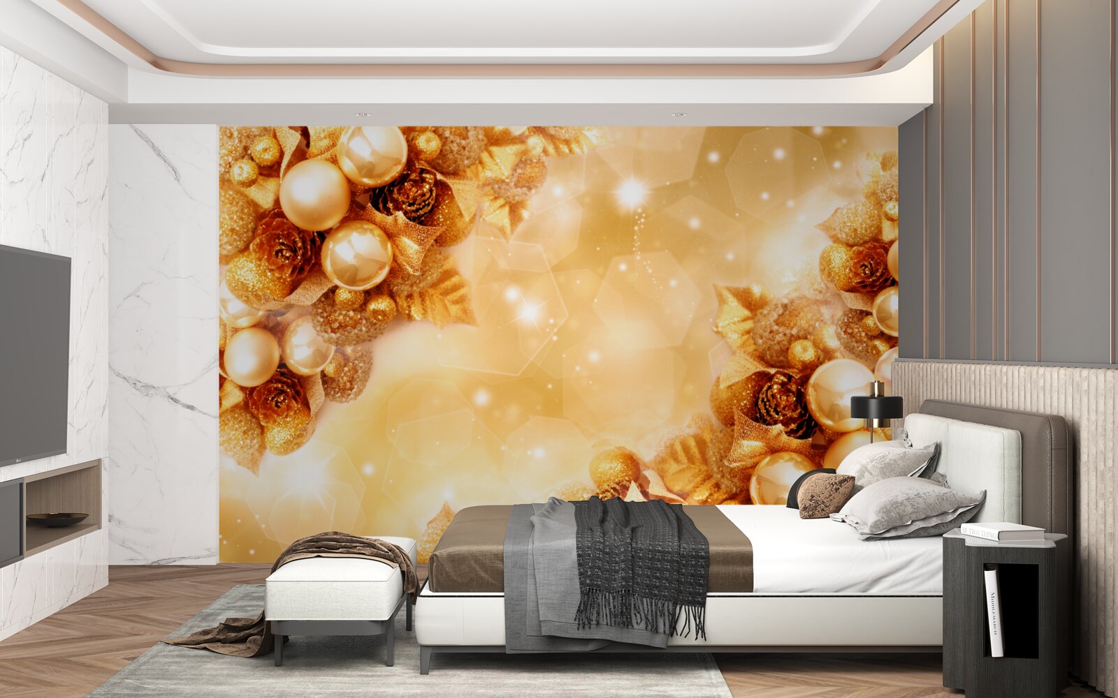 Fotobehang gouden parels op gouden bladeren