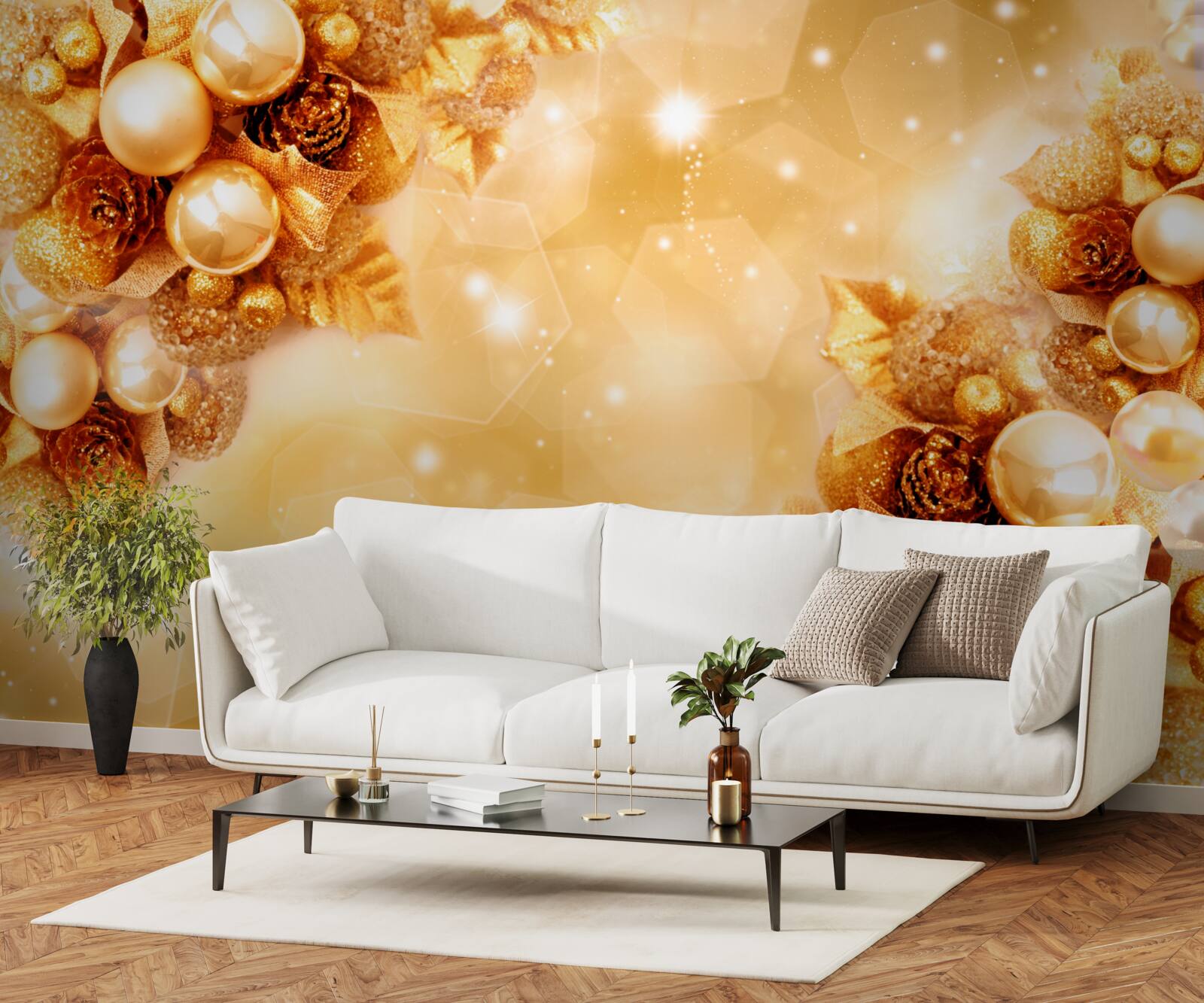 Fotobehang gouden parels op gouden bladeren