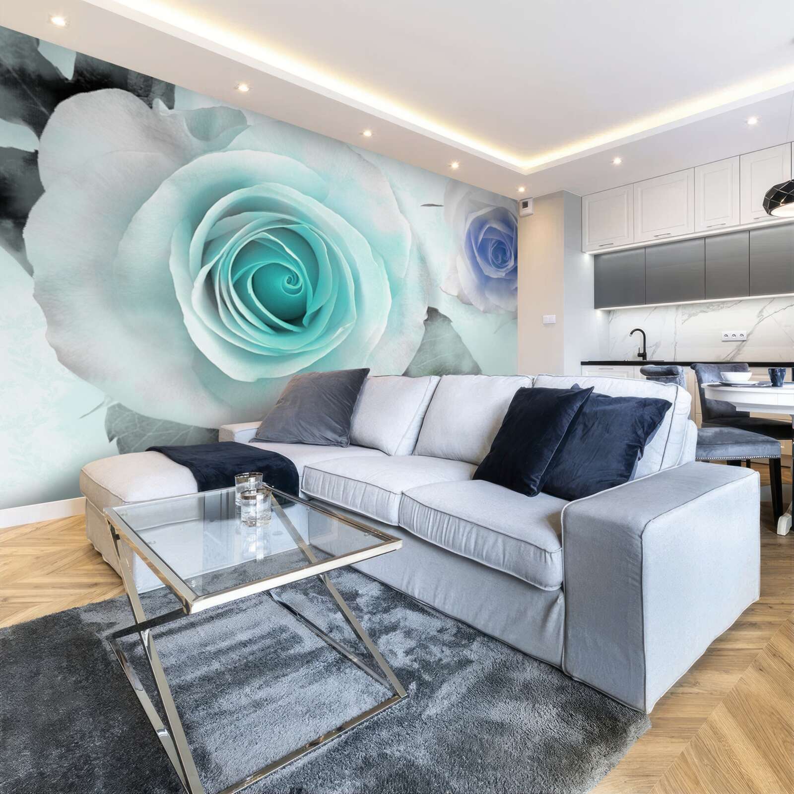 Fotobehang rozen in blauw- en groentinten