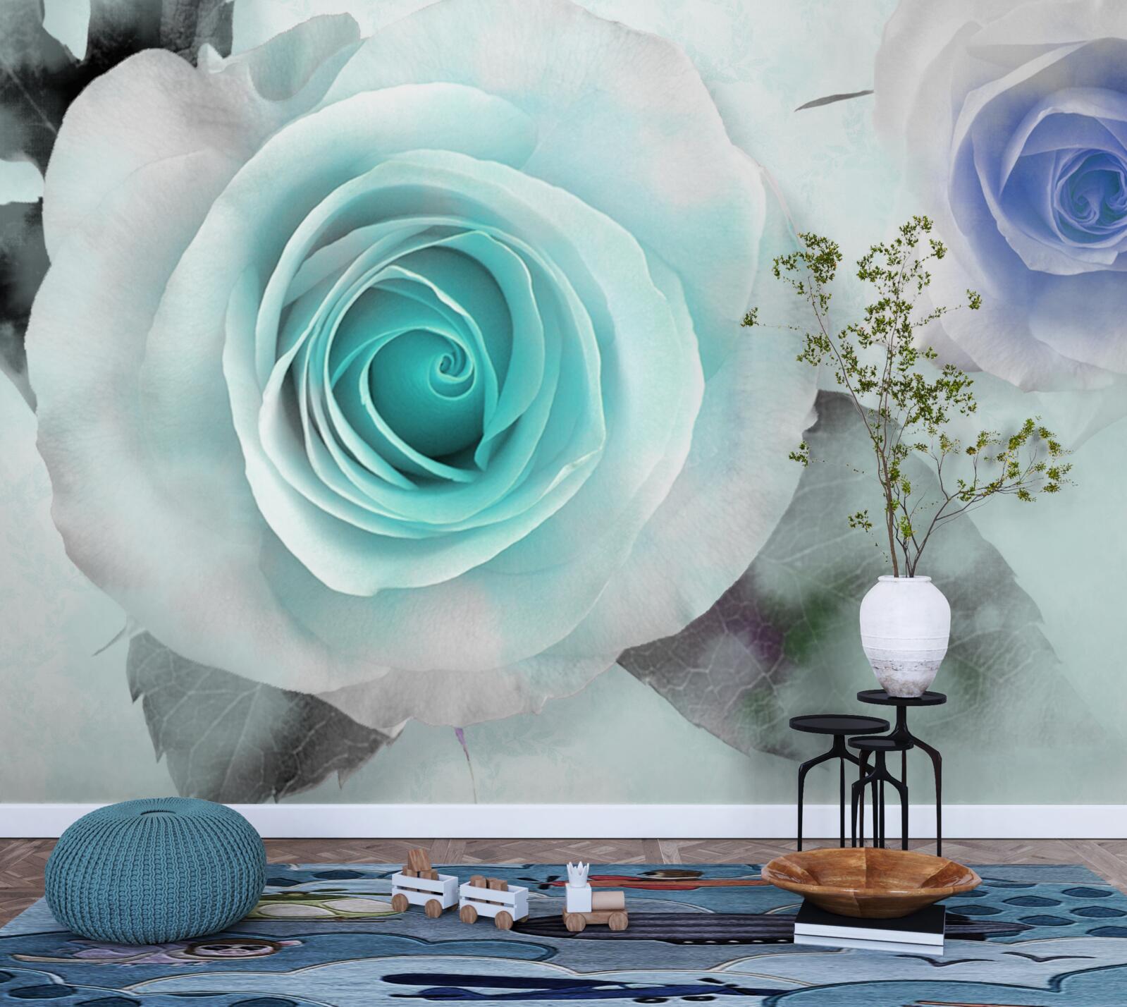 Fotobehang rozen in blauw- en groentinten