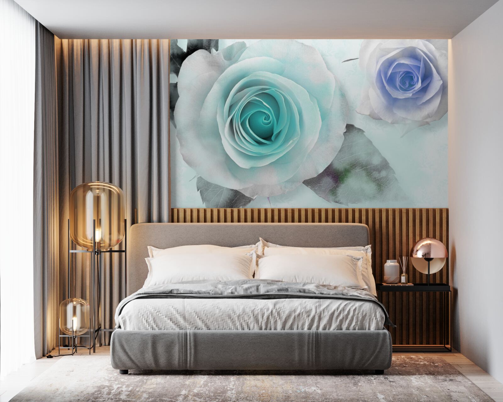 Fotobehang rozen in blauw- en groentinten